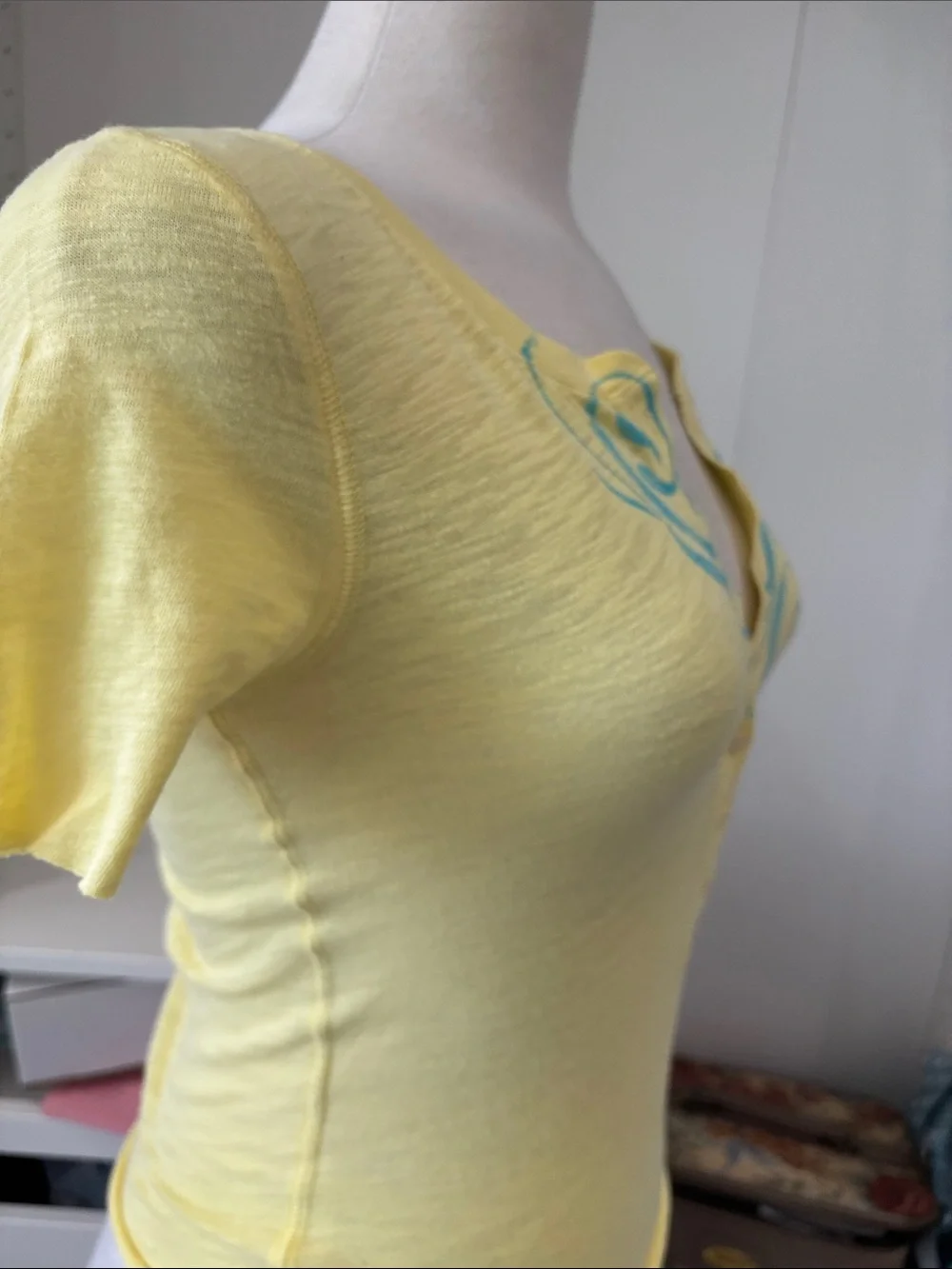 American Eagle Outfitters Yellow Scoop Henley with Teal Graphic - Picture 5 of 5